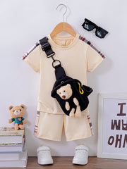 Boys Plaid Print T-shirt Top & Shorts & Bear Bag 3pcs Set