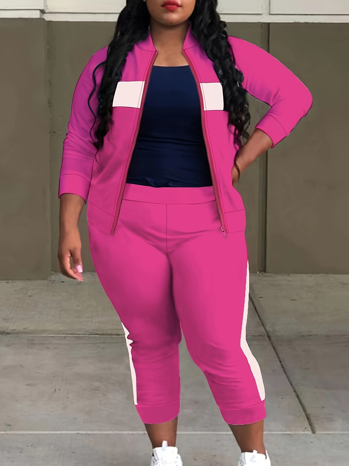Striped Long Sleeve Stand Collar Zipper Coat & Joggers Set