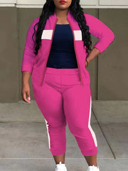 Striped Long Sleeve Stand Collar Zipper Coat & Joggers Set