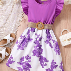 Toddler Girls Floral Flutter Sleeve Belted Princess Dress