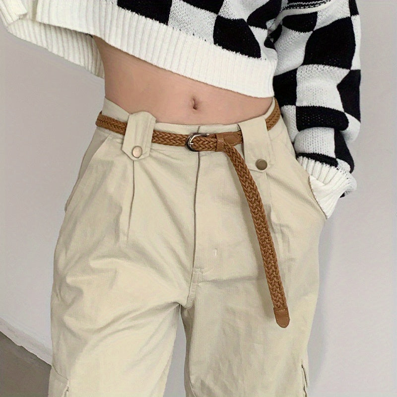 Vintage PU Leather Thin Belt Braided Pattern Pin Buckle Casual Jeans Pants Belt
