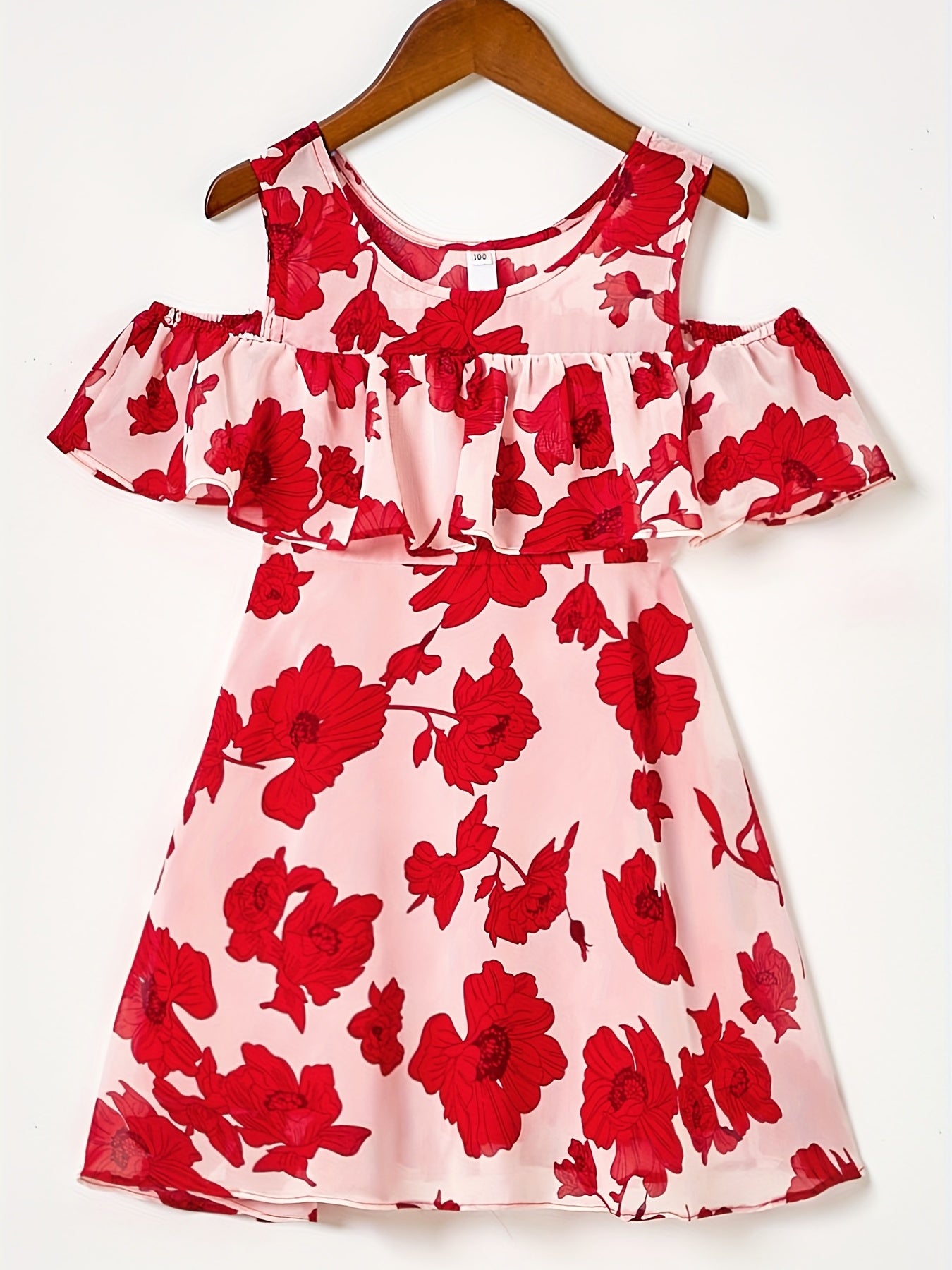 Toddler Girls Ruffle Trim Cold Shoulder Flowers Graphic Princess Dress