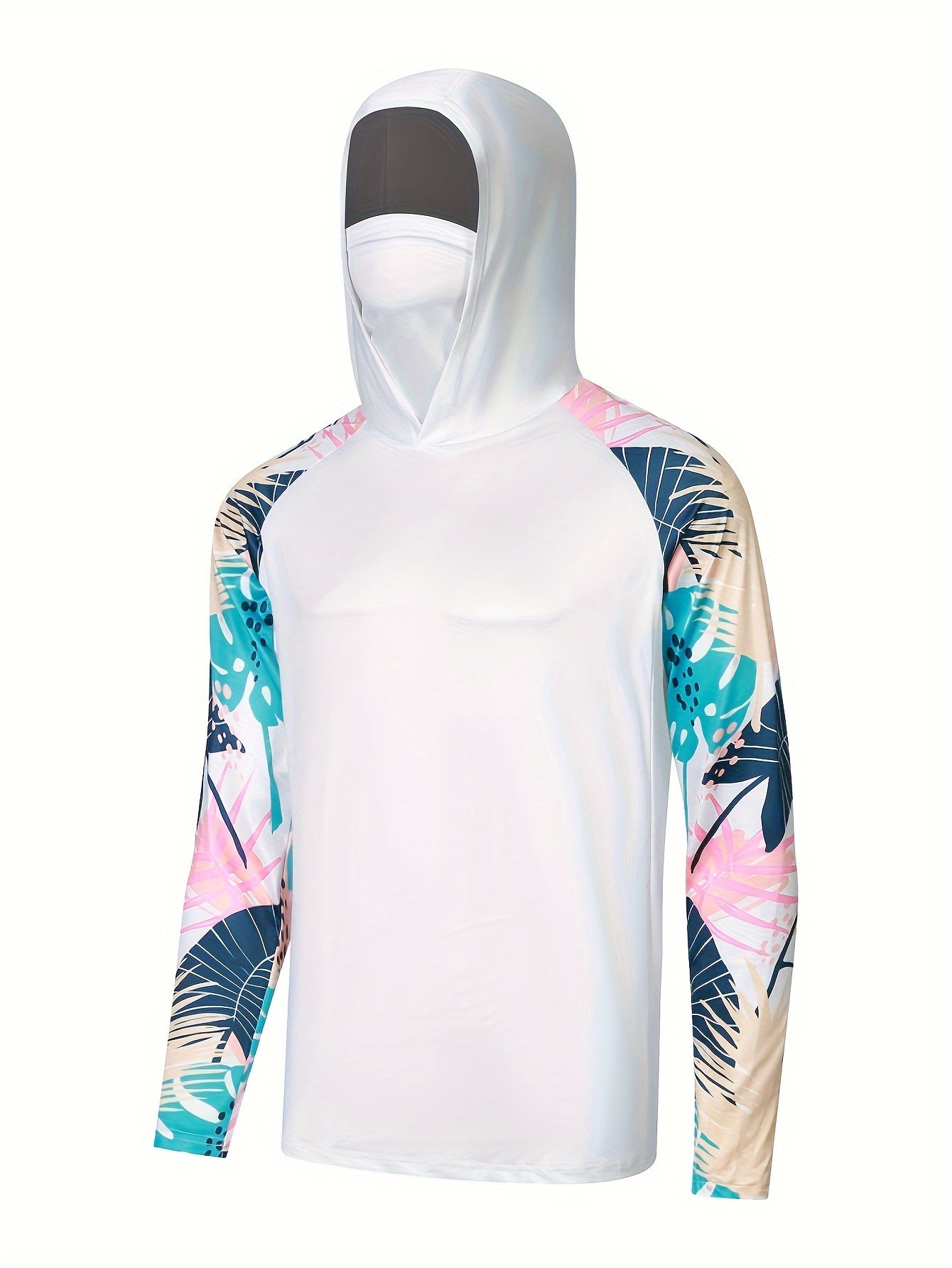 Men's UPF 50 Sun Protection Hoodie With Mask Leaf Pattern Long Sleeve
