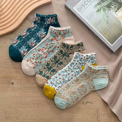 5 Pairs Floral Print Lightweight Ankle Socks Women's Stockings