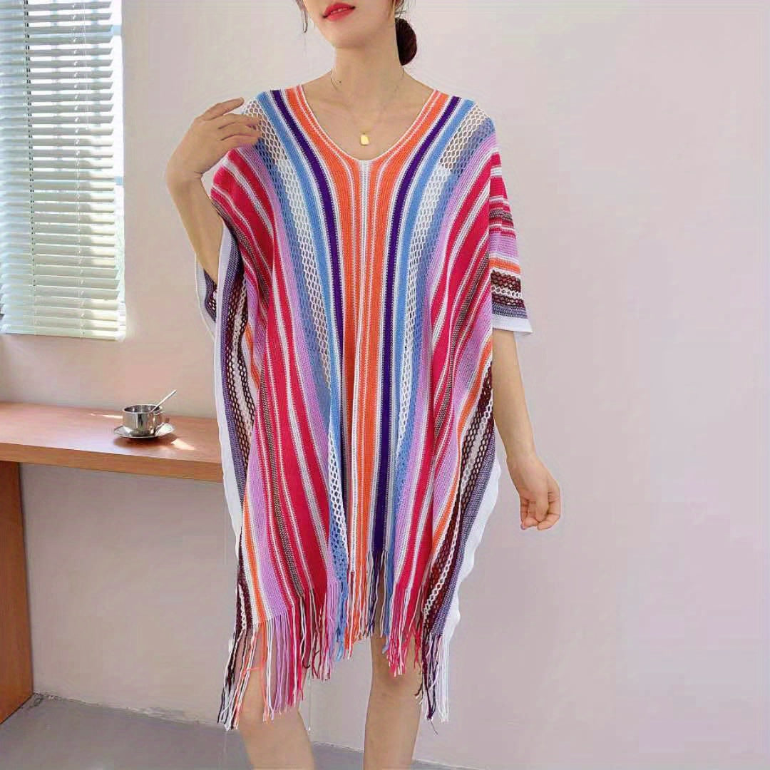 Colorful Striped Tassel Beach Cover Up V Neck 3/4 Sleeve Loose Cape