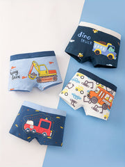 4pcs Boy's Cotton Boxer Briefs Excavator Truck Print Shorts