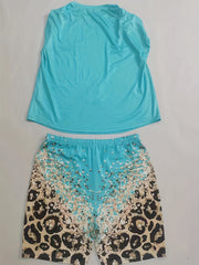 Letter Print Paper Clip Crop Top & Leopard Shorts Set