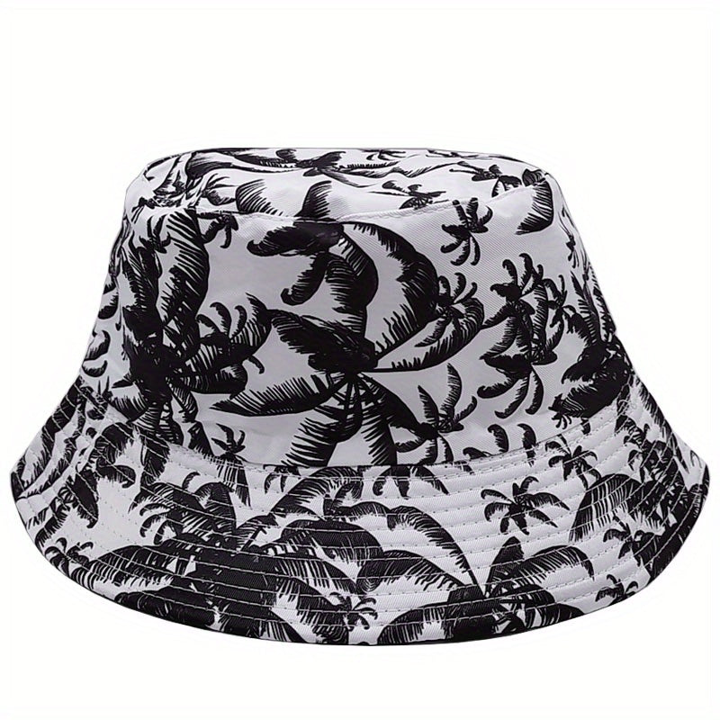 Coconut Tree Print Bucket Hat Solid Reversible Fisherman Cap