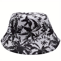 Coconut Tree Print Bucket Hat Solid Reversible Fisherman Cap