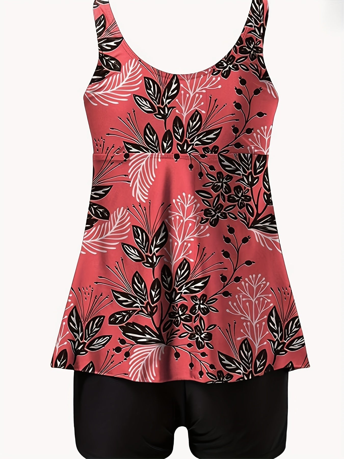 Leaf Print Tankini Set V Neck Tie Front Top & Shorts Swimsuit