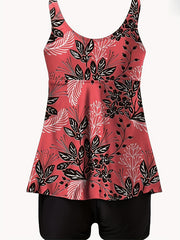 Leaf Print Tankini Set V Neck Tie Front Top & Shorts Swimsuit