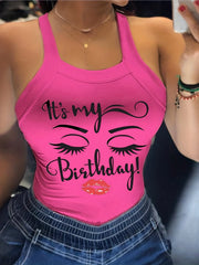 Figure & Letter Print Cami Top Sexy Back Bow Slim Spaghetti Strap Top