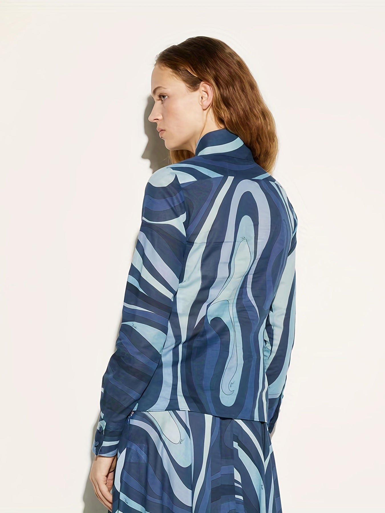 Abstract Print Two Piece Skirt Set Button Front Shirt & Maxi Length Skirt