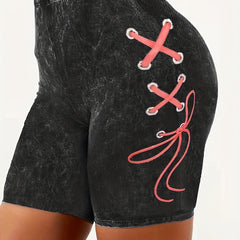 Denim Print Elastic Waist Shorts Casual Summer Women's Clothing