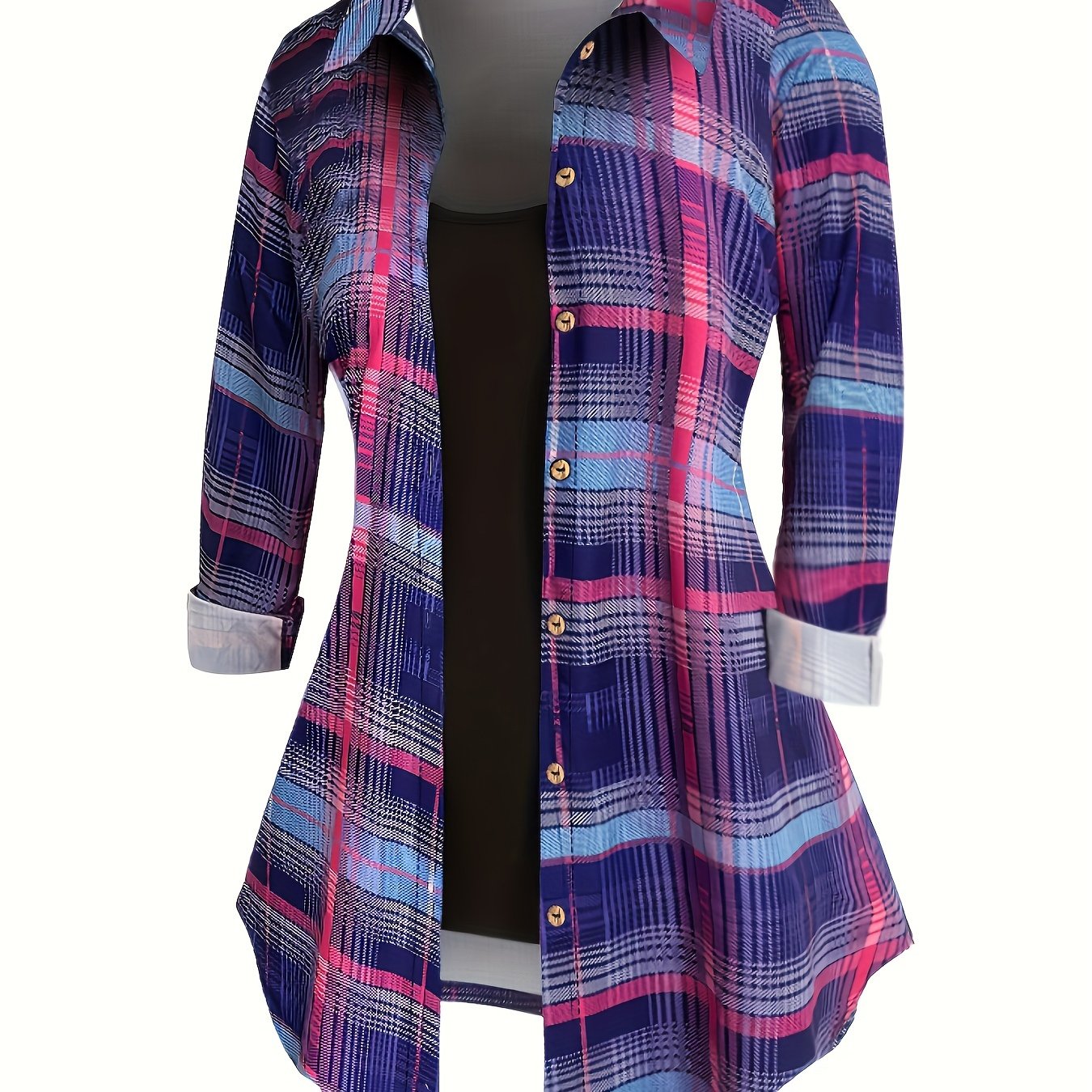 Plaid Print Button Up Blouse & Cami Top 2 Piece Set