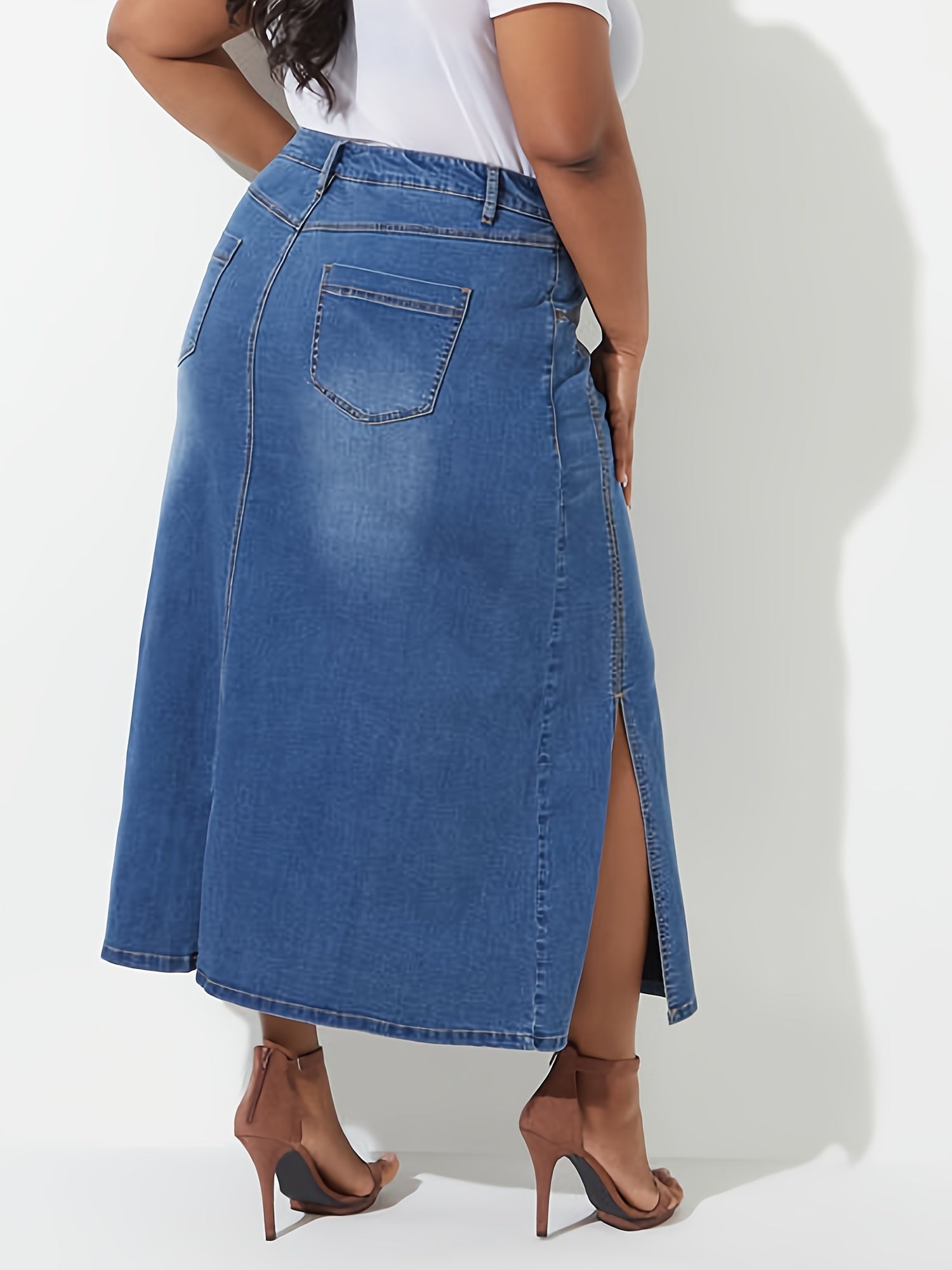 Women's Plus Solid Seam Front Button Fly High Rise Denim Skirt