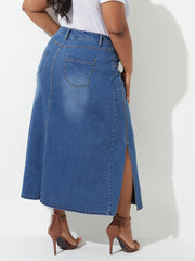 Women's Plus Solid Seam Front Button Fly High Rise Denim Skirt