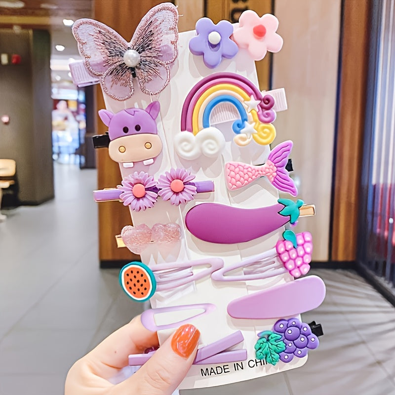 14Pcs Candy Hair Pin Set for Kids Flower Rainbow Animal & Fruit Clips