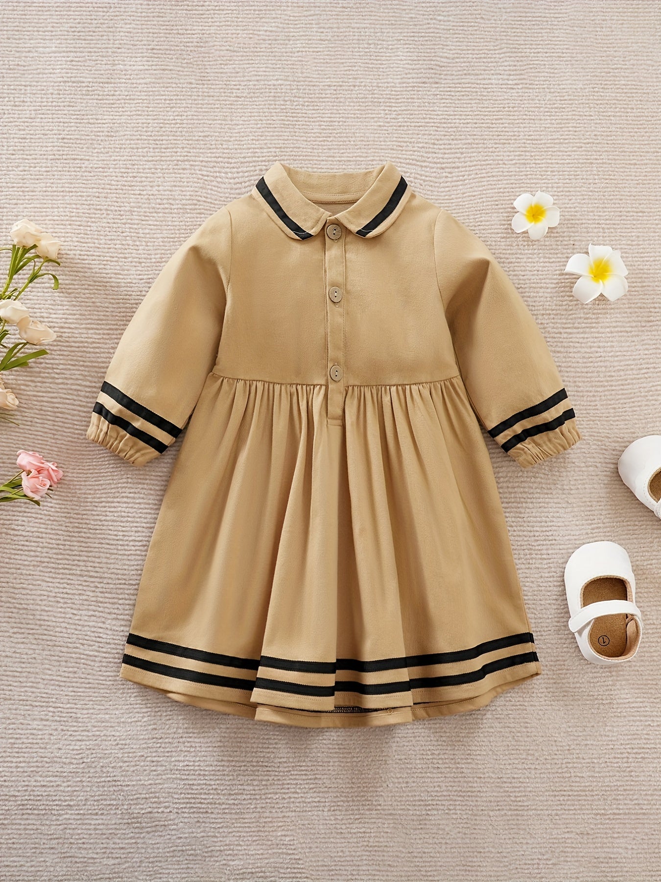 Striped Lapel Long Sleeve Baby Girls Dress