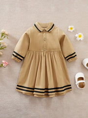 Striped Lapel Long Sleeve Baby Girls Dress