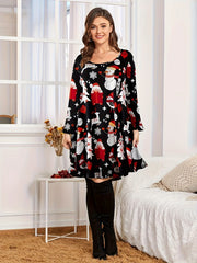 Christmas Dress Women's Plus Allover Print Long Sleeve