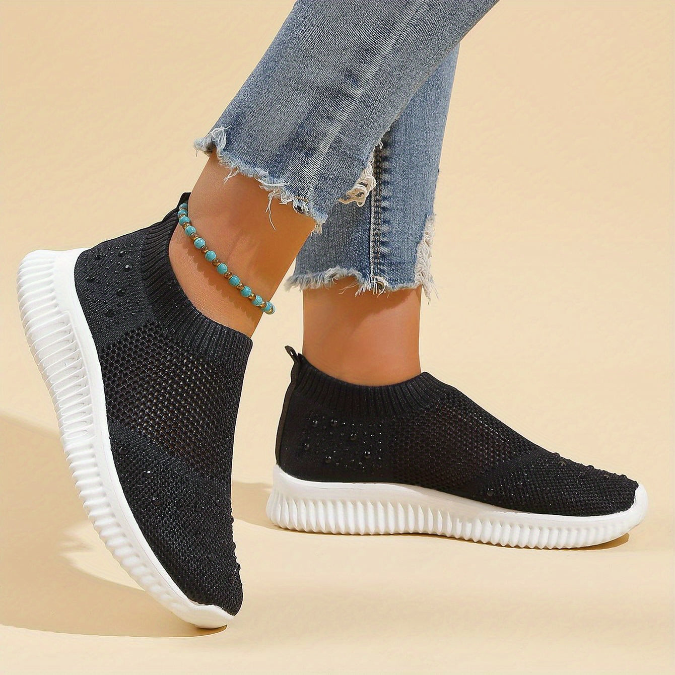 Women's Rhinestone Slip On Sneakers Breathable Casual Outdoor Shoes