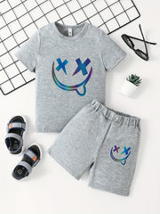 2pcs Boys Smiley Face Print Tee & Shorts Set Kids Summer Outfit