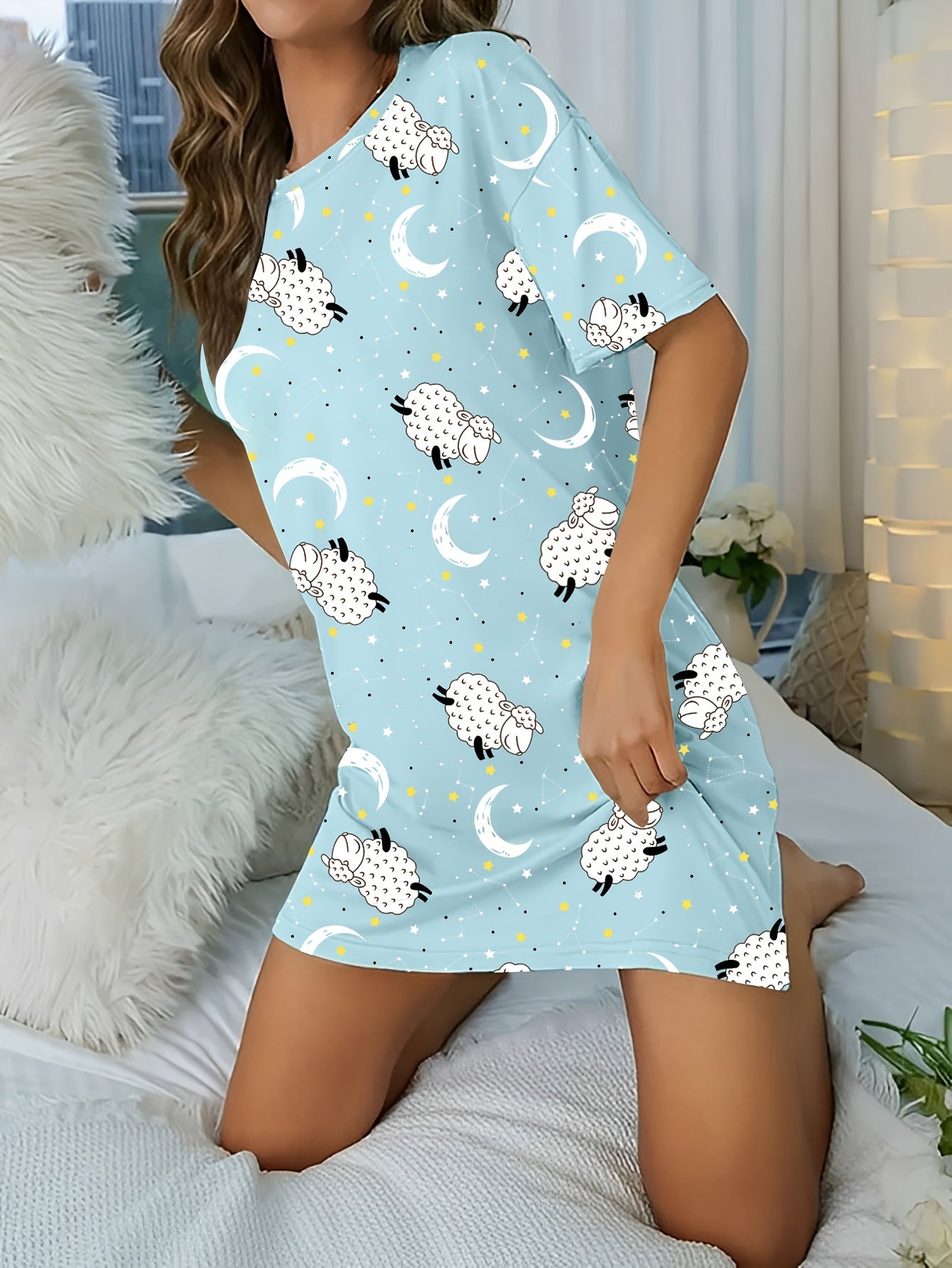 Sheep Print NightDress Short Sleeve Pajama Dress