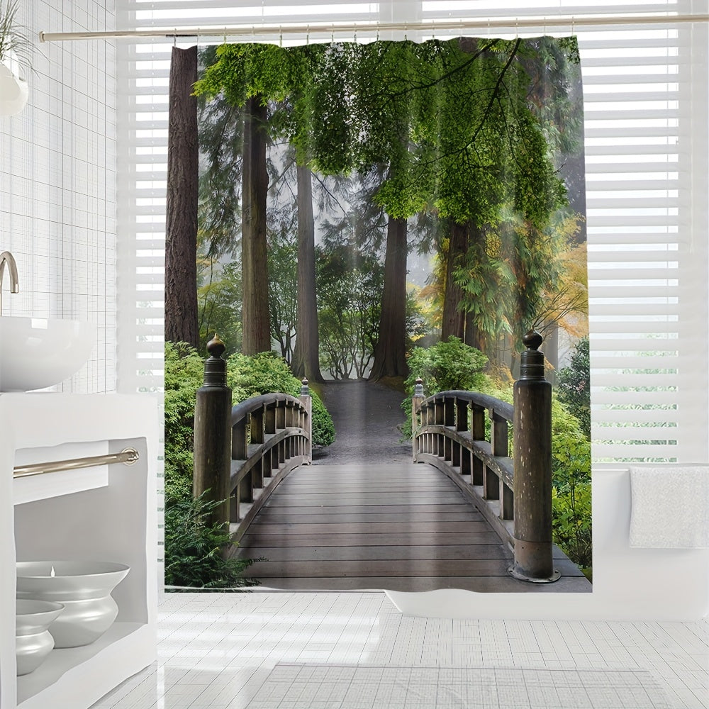 Digital Printed Wooden Bridge Shower Curtain - Bathroom Decor
