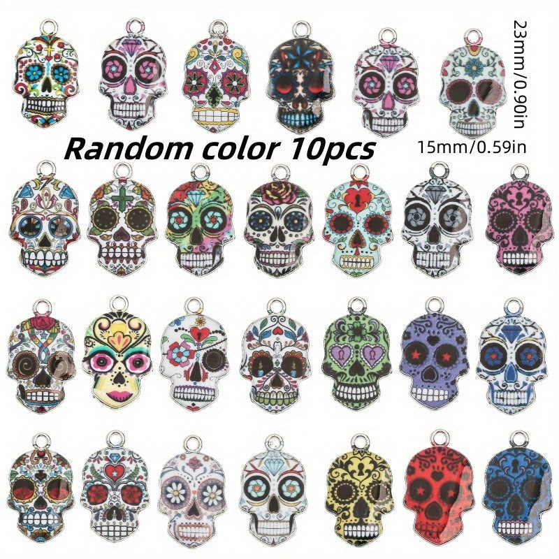10pcs Mixed Colorful Skull Head Pendants - Halloween DIY Accessory