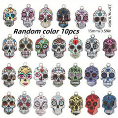 10pcs Mixed Colorful Skull Head Pendants - Halloween DIY Accessory