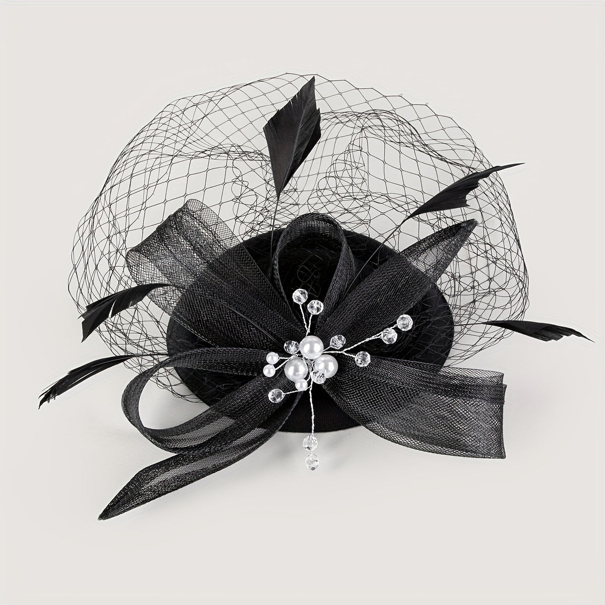 Women Faux Feather Mesh Head Piece Faux Pearl Rhinestone Head Jewelry