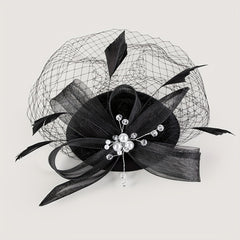 Women Faux Feather Mesh Head Piece Faux Pearl Rhinestone Head Jewelry