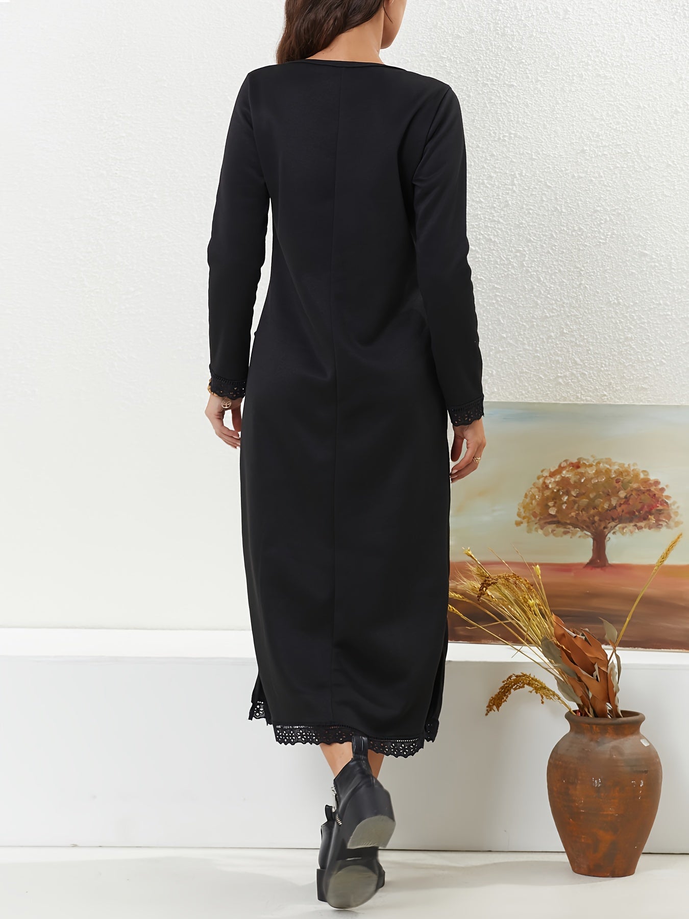 Solid Lace Long Sleeve Maxi Dress With Pockets