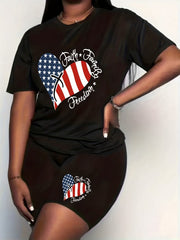 Women's Plus Flag Heart & Letter Print Independence Casual Outfits Set