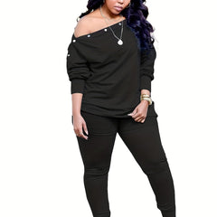 Cold Shoulder Long Sleeve Top & Slim Pants Set Women's Outfit
