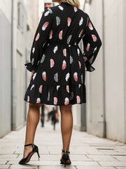Women's Plus Feather Print Lantern Sleeve Bow Knot Mini Smock Dress