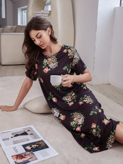 Floral Print NightDress Short Sleeve Pajama Dress Women's Sleepwear
