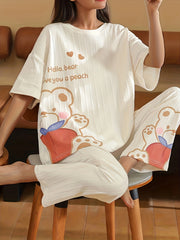 Bear Print Pajama Set Short Sleeve Top & Pants