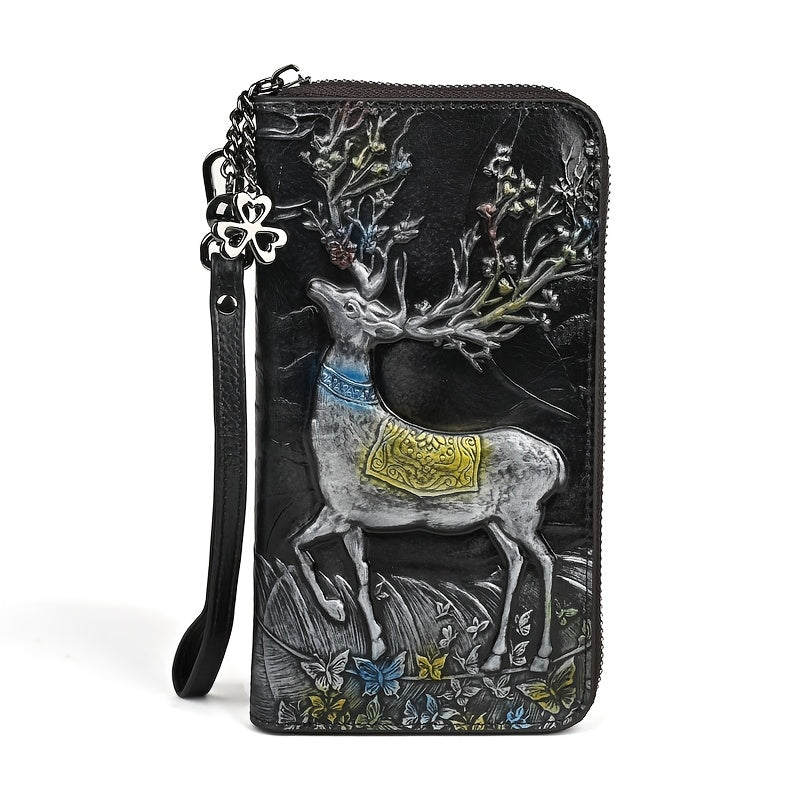 Vintage Leather Women's Wallet with Deer Print Orange & Light Brown