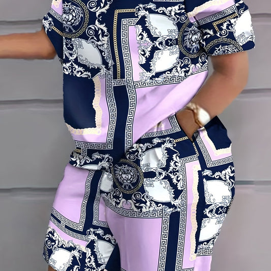 Baroque Print Top & Shorts Set with Pockets