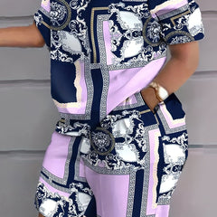 Baroque Print Top & Shorts Set with Pockets