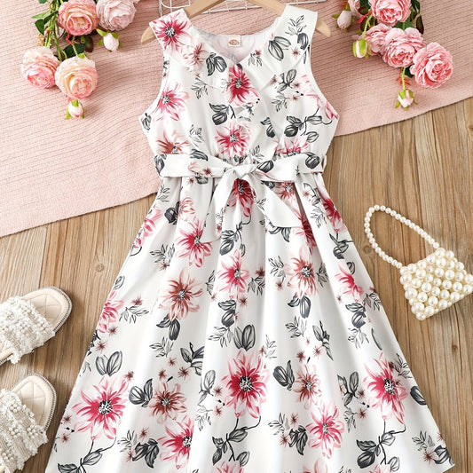 Girls Sleeveless Ruffle Trim Flowers Graphic Belted Princess Dress