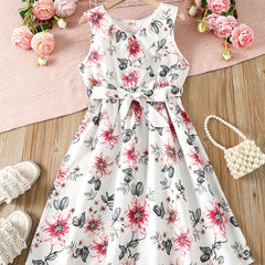 Girls Sleeveless Ruffle Trim Flowers Graphic Belted Princess Dress
