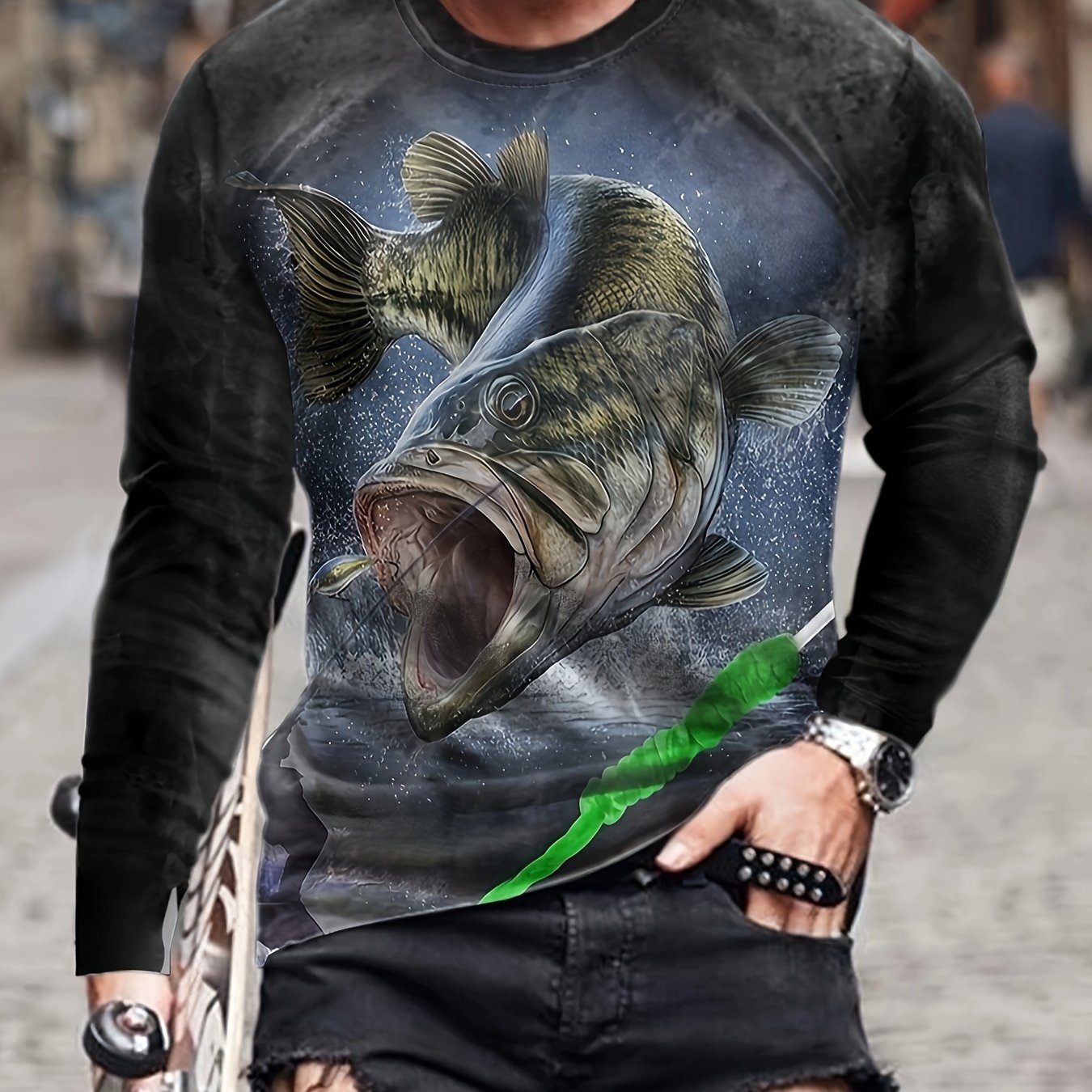 Fish Print Men's Long Sleeve T shirt for Autumn