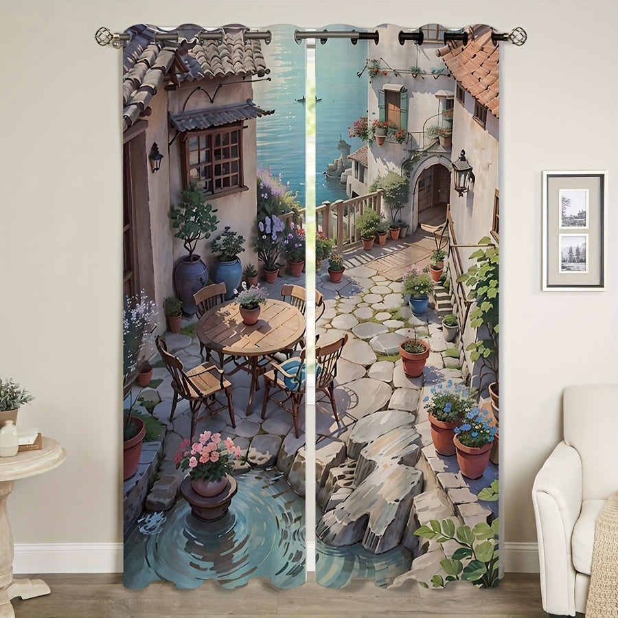 2pcs Lakeside Courtyard Curtains Tapestry for Outdoor Home Decor