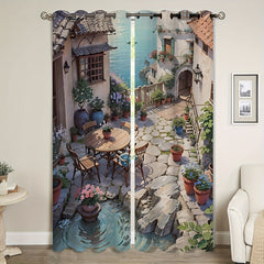2pcs Lakeside Courtyard Curtains Tapestry for Outdoor Home Decor