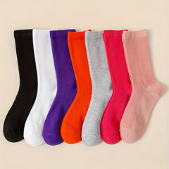 7 Pairs Women's Solid Mid Tube Socks
