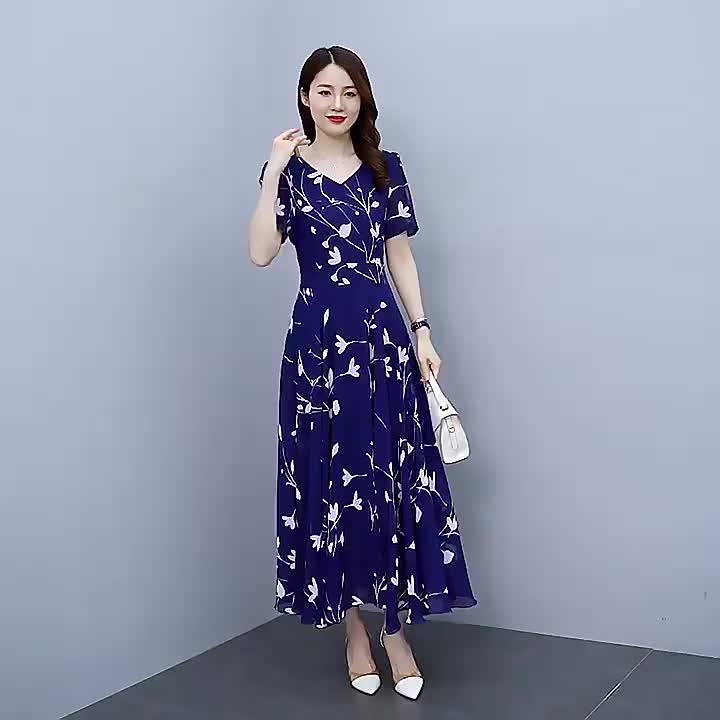 Floral Print Pleated Dress V Neck Maxi Dress Women's Clothing