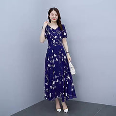 Floral Print Pleated Dress V Neck Maxi Dress Women's Clothing